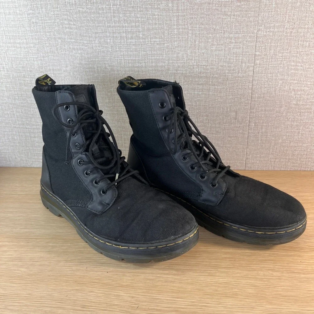 Dr. Martens Combs Black Canvas Leather Utility Combat Boots 8 Eye Lace Up US 11